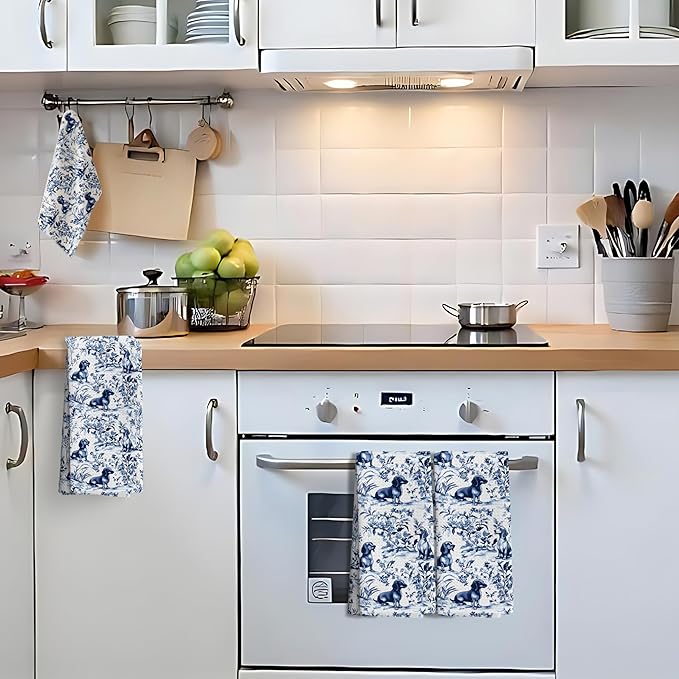 Chinoiserie Dachshund Kitchen Towels Set of 4,Blue and White Floral Botanical Dachshund Decorative Dish Tea Towels, Grandmillennial Weiner Dog Hand Towels for Kitchen Bathroom, 16x24 Inch