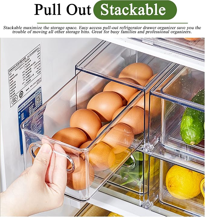 Refrigerator Organizers and Storage, 2 Pack BPA-Free Sturdy Stackable Clear Pull out Drawer Organizer Bins, Fridge Organizers and Storage for Fruit, Produce, Drink, Snack and Food Storage Containers