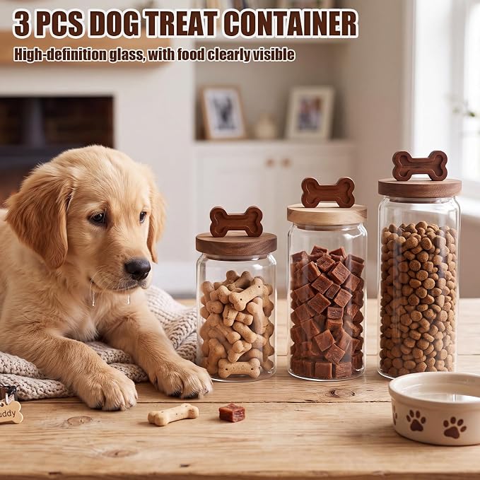 3 Pcs Glass Dog Treat Container, Dog Food Jar with Wooden Lid | 3 Large Sizes, Airtight Pet Treat Storage Container, for Kitchen Counter, Treats Canister, Doggie Cookie, Pets