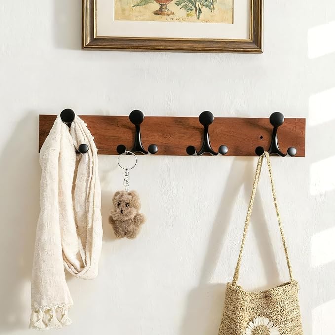 SKOLOO 24-Inch Wood Coat Rack Wall Mount with 4 Triple Hooks - Ideal for Family Entrances, Classrooms, and Pet Supplies Storage - Perfect Coat Hooks for Wall,Mahogany (Sapele), Pack of 2