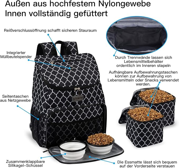 BAGLHER丨Dog Travel Bag, Airline Approved Pet Supplies Backpack, Dog Travel Backpack with 2 Silicone Collapsible Bowls and 2 Food Baskets
