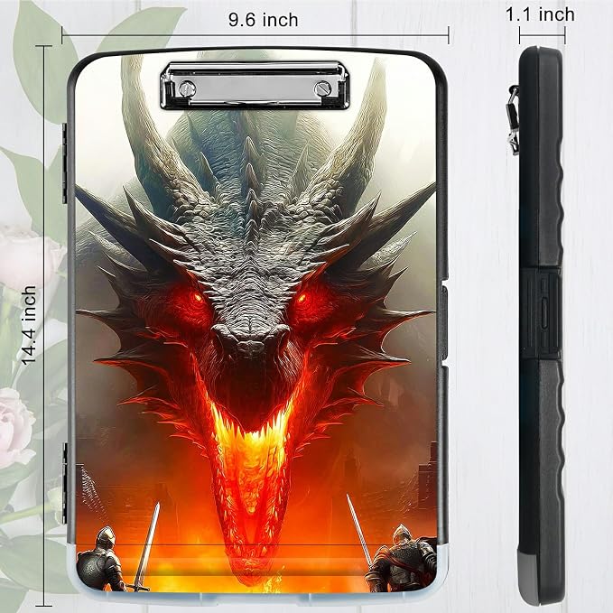 A4 Clipboard with Storage Pen Holder, Clipboards Organizer Nursing Clipboard Foldable File Folder Plastic Clipboard Folio Clip Board for Office Work Classroom Doctor, Grey Flame Dragon