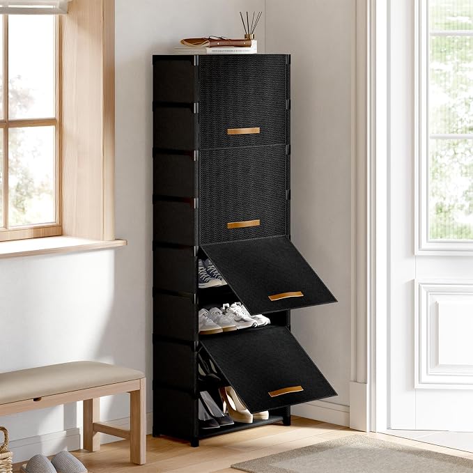 9 Tier Shoe Cabinet with Door, 18-Pair Rack for Closet Black | Non-Woven & Metal Frame, Stable, Door Blocks Dust & Pets, DIY Split for Spaces, Easy Assembly