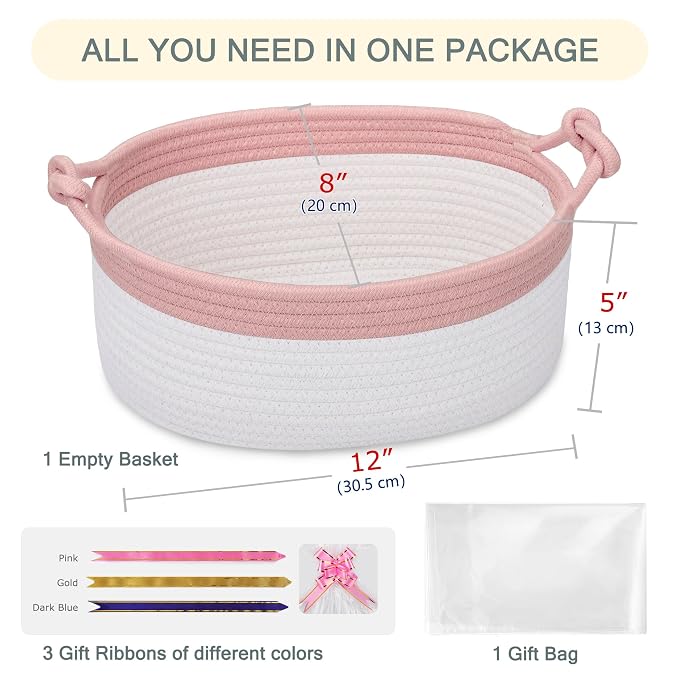 COMSE Small Gift Basket Empty with Bag & Ribbons, Dusty Pink & White | Cotton Rope, 12"x 8"x 5", Pet Toy Storage Organizer, Woven Basket for Birthdays, Baby Showers, Mother’s Day, Valentine’s Day