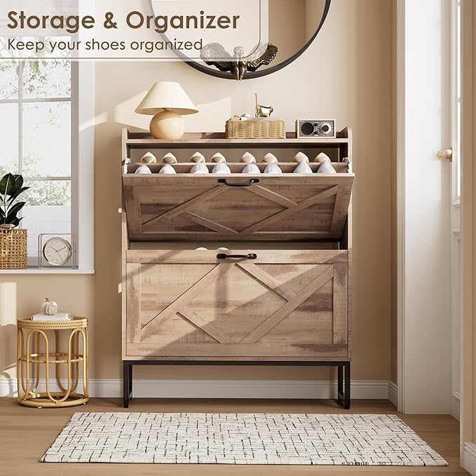 Shoe Cabinet with 2 Flip Drawers，Freestanding Shoe Storage Cabinet, Narrow Shoe Organizer Cabinet, Farmhouse Slim Shoe Rack Cabinet for Entryway,Toasted Oak