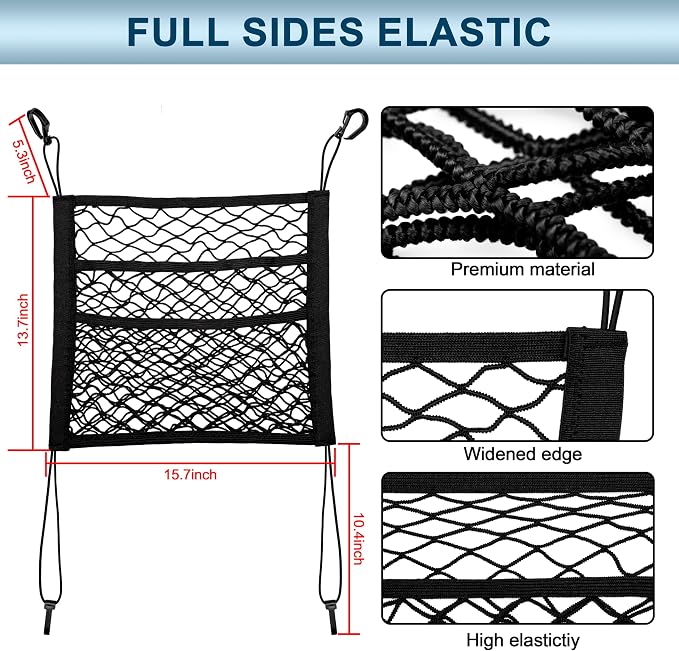 15.7×13.7" Mesh Car Organizer (3 Layers) | Between-Seat Storage Net with Pet Barrier, Holds Tissue, Purse & More – Fits SUV/Truck/Van