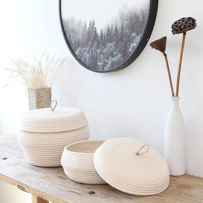 Sea Team Round Woven Cotton Rope Storage Basket with Lid, Cream | Lidded Knitted Decorative Storage Bin, Pot, Caddy, Organizer, Container for Snacks, Towels, Plants, 13 x 5.5 Inches