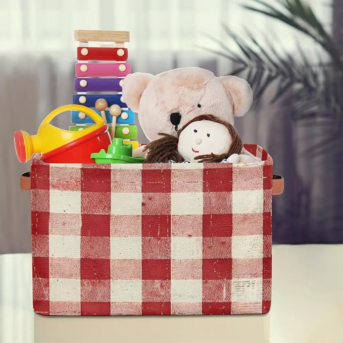 Storage Basket Classic Checkered Storage Cube Box Durable Canvas Collapsible Toy Organizer Bin with Handles for Shelf Closet Bedroom Home Office