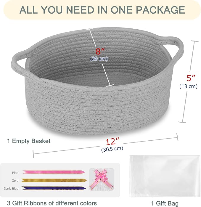 COMSE Empty Small Gift Basket with Bag & Ribbons, Cool Gray | Cotton Rope, 12"x 8"x 5", Baby Toy Organizer, Stores Small Items for Bedrooms, Nurseries, Bathrooms, Living Rooms, Offices