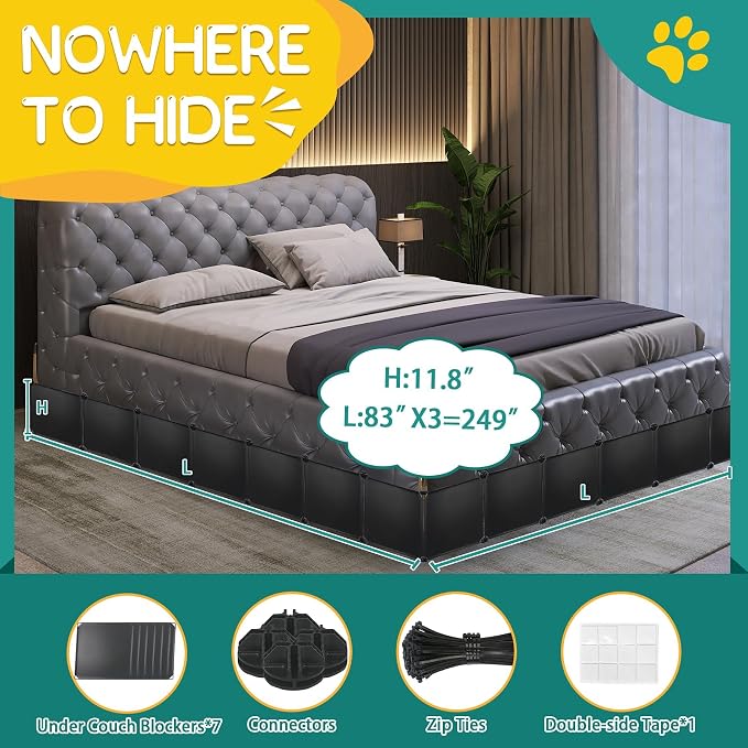 21 Pack Under Bed & Couch Blocker for Pets and Toys - 249" Length, 11.8" Height for One Side of Queen Bed | Includes Sticky Tape, Connectors & Zip Ties - Black