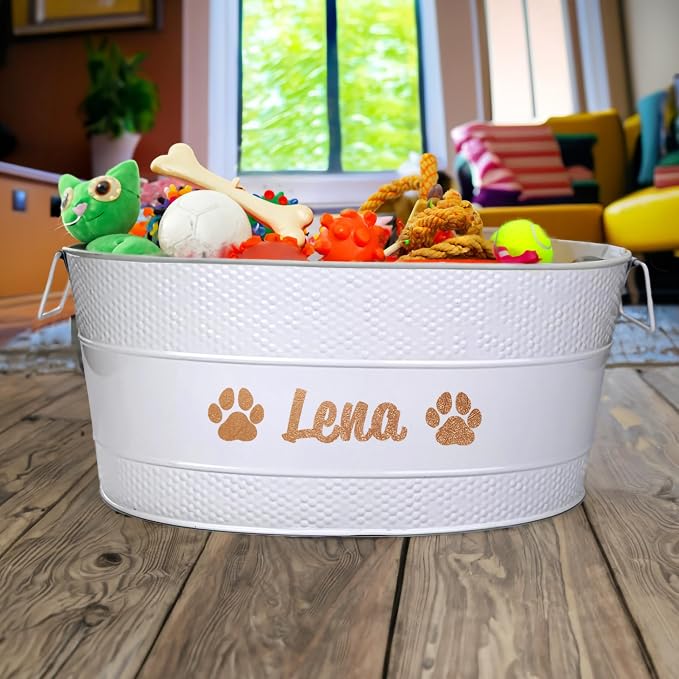 BREKX Personalized Metal Dog Toy Box - White Galvanized Storage Bin with Handles, Organizer Storage Basket for Pet Toys, Blankets, Leashes - (25 Quart)