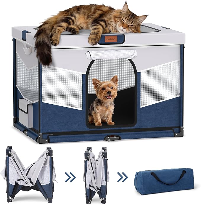 LOOBANI Small Dog Playpen, 32"x24"x22", Foldable & Portable, Blue | Puppy Cat Playpen Indoor, with Sturdy Steel Frame, Travel Dog Crate with Carry Bag, Removable Washable 690D Fabric Cover
