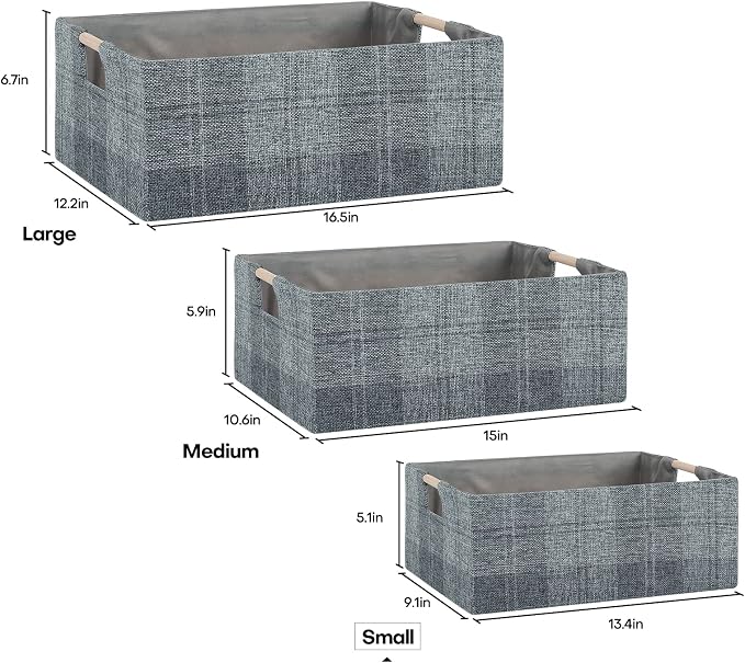 Fabric Storage Box, 13x9in Foldable Cotton Linen Basket with Wooden Handle | Small Rectangular Cube Decorative Home Laundry Organizer Clothes Blanket Container Organizing Clothes Sheet, Dark Gray Plaid