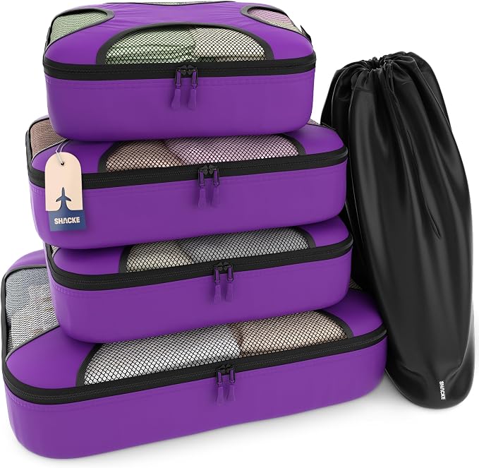 Shacke 5 Set Packing Cubes for Travel with Laundry Bag (Orchid Purple) | Suitcase organizer bags set: 4 water-resistant luggage cubes, XL to Small, + laundry bag for carry-on or checked