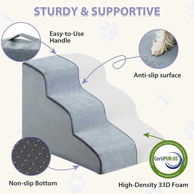 LEXTRO Dog Stairs for Small Dogs, 3-Steps Dog Ramp for Bed and Couch, Pet Stairs with Highly Supportive Foam and Non-Slip Bottom, Dogs Steps for Cat & Doggie (High 15.7 Inch)