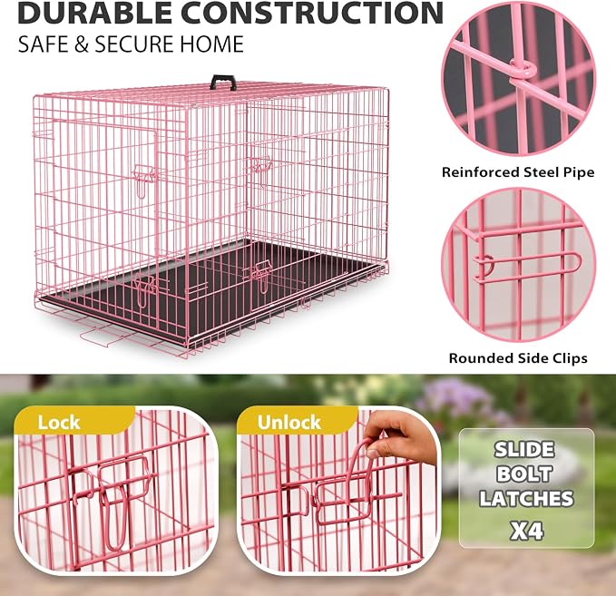 BestPet | Dog Crate | 48" | Pink | Foldable Metal Kennel with Double Doors | Secure Slide-Bolt Latches, Leakproof Tray | Portable Dog Cage for Large Breeds | for Travel, Indoor & Outdoor Use