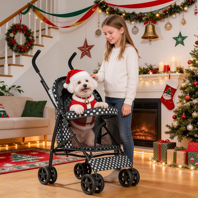 MoNiBloom Pet Stroller for Small/Medium Dogs and Cats, Black Polka Dots | Foladble 4 Wheels Easy-Fold Puppy Cage Jogger Stroller with Sun Cover, Pad and Rear Storage Bag, Breathable and Visible Mesh