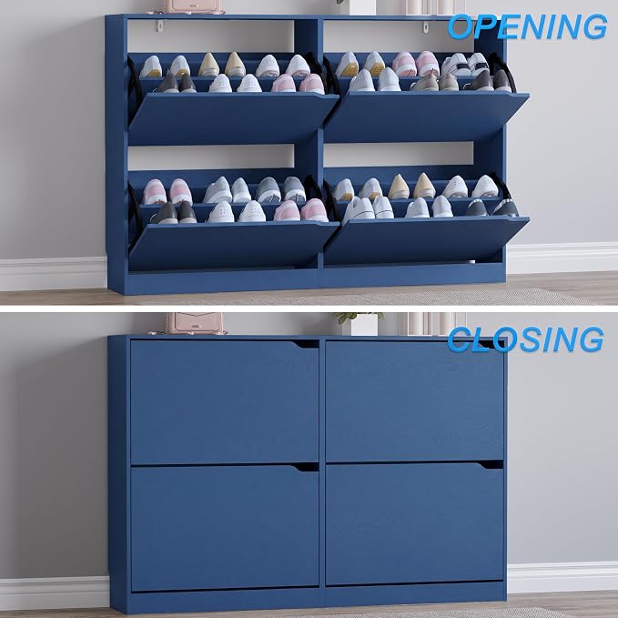 BORNOON Shoe Cabinet with 4 Flip Drawers, Narrow Hidden Shoe Storage Cabinet, Slim Freestanding Shoe Rack Organizer for Entryway, Hallway, Bedroom, Living Room