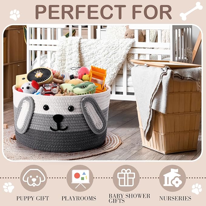 Zopeal Dog Woven Basket, 11.8" D x 6.7" H Cotton Rope Toy Storage Organizer, Dog Mom Gift Empty, Cute Laundry Puppy Gift Animal Basket for Clothes, Towels, Toy, Laundry, Bathroom, Home(White, Gray)