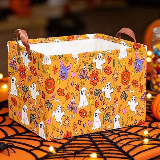 NTAO Gift Storage Basket Empty for Halloween, Storage Bin with Handles, Room Decor, Book Box(Cartoon Halloween)