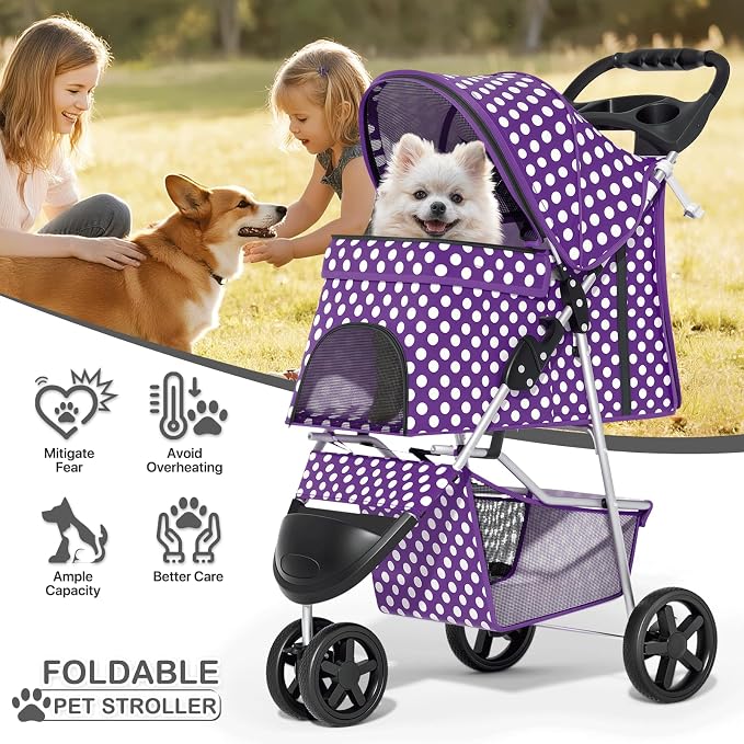 MoNiBloom Pet Stroller for Small/Medium Dogs and Cats, Purple Polka Dots | Foldable Dog Stroller 3 Wheels Pet Strolling Cart w/ Storage Basket Cup Holder, Breathable and Visible Mesh for All-Season
