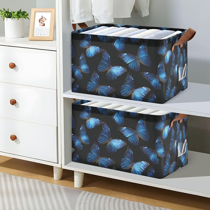 Black Background Blue Butterflies Storage Basket Foldable Cube Storage Bins with Handles&Label Waterproof Collapsible Organizer Box Bin Large Rectangle Decorative Baskets for Shelves Home Room Laundry