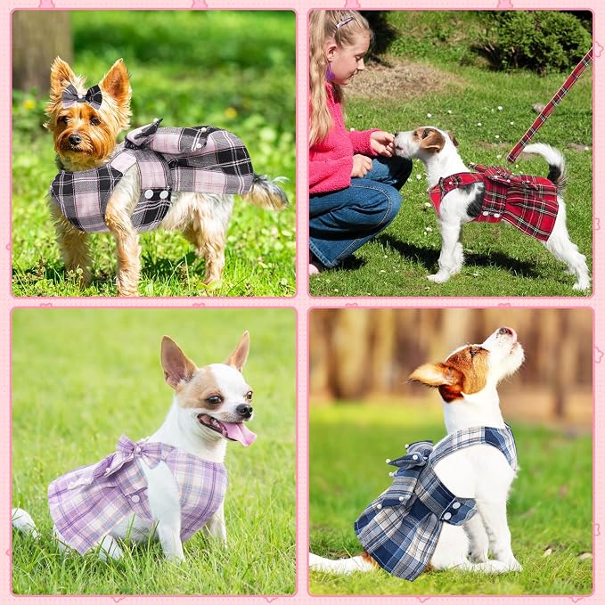 Coppthinktu Plaid Dog Dresses for Small Dogs Girl Bowknot Harness Leash Set