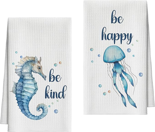 Kitchen Towels Set of 2, Nautical Seahorse Jellyfish Dish Towel for Kitchen, Beach Coastal Decorative Hand Towels for Bathroom, Fast Drying Tea Towel, Housewarming Gifts for Women Mom -B12