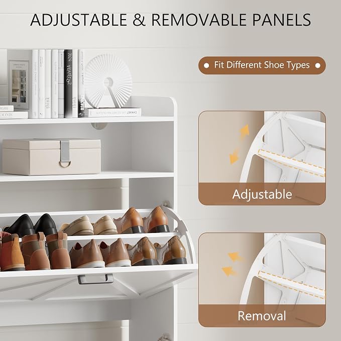 Xixini Shoe Storage Cabinet with 2 Flip Drawers, Entryway Shoe Rack, White | Freestanding Narrow Shoe Storage, Hidden Slim Wood Shoe Organizer, Modern Farmhouse, Open Storage & Hooks for Closet, Hallway