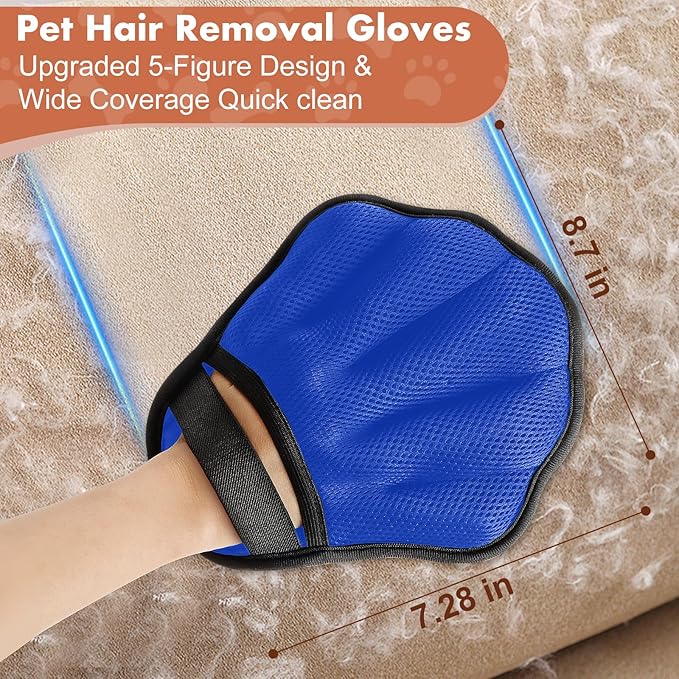 Pet Hair Removal Glove, Electrostatic Pet Hair Remover Glove for Cats & Dogs, Hair Remover Tools for Couch, Carpet, Clothing, Car Seat - Upgraded Five-Finger, Reusable, RoyalBlue+Darkgrey