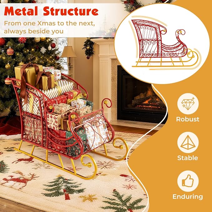 Metal Santa Sleigh, Red Christmas Decoration Sleigh Cart w/ 2-Tier Large Cargo Area for Present, Santa’s Gift Sleigh for Home Lawn Yard, Outdoor Christmas Sleigh Basket for Holiday (Hollow)