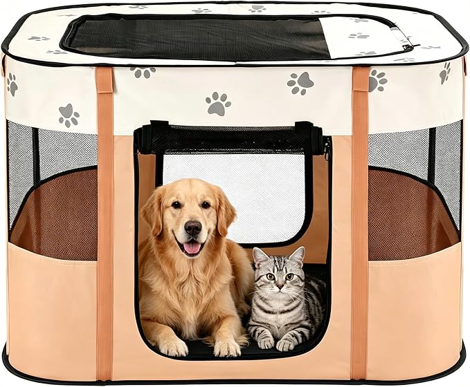Avont Portable Pet Puppy Dog Playpen, Foldable Cat Playpen, Indoor/Outdoor | Water-Resistant Breathable Shade Cover, Travel Camping Use for Small Animals with Carrying Case, (L/Orange)