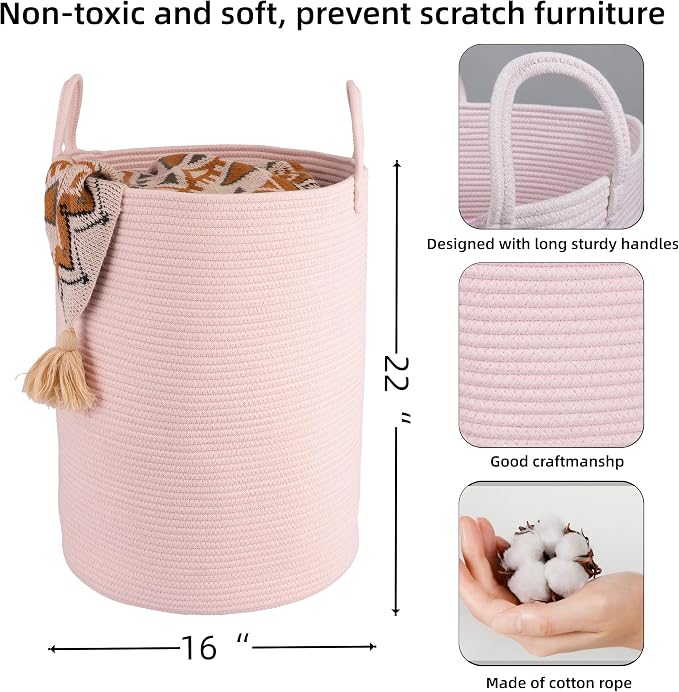 XUANGUO Cotton Rope Laundry Basket Hamper for Clothes Large Light Pink | Woven Storage Basket for Living Room Bedroom Boho Tall Rope Baskets for Blanket Toys Pillow Towels Baby Nursery Hamper Bin