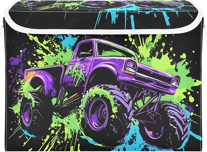 Fabric Storage Bins with Lid Monster Truck Closet Storage Basket 40L | Decorative Storage Boxes, 300D Oxford Cloth, Hollow Board Frame, Flip Top Velcro Lid, 16.5x12.6x11.8 inch, Collapsible Design