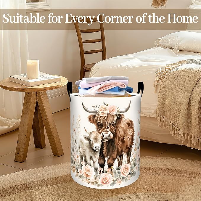 Highland Cow Laundry Basket, Floral Farm Animal Foldable Oxford Cloth, Waterproof Dirty Clothes Hamper with Handles, Clothing Storage Bin Toy Organizer for Bedroom Dorm Bathroom, 19.7"x15.7"