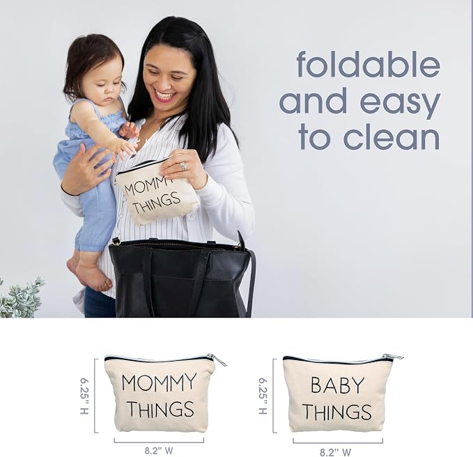 Pearhead Mommy and Baby Things Zipper Pouches, Set of 2, Organizer Bags | Diaper Bag Storage Organizer, Canvas Zipper Organize Bags for Travel or Hospital Bag, New Mom Gift, Cosmetic Makeup Bag