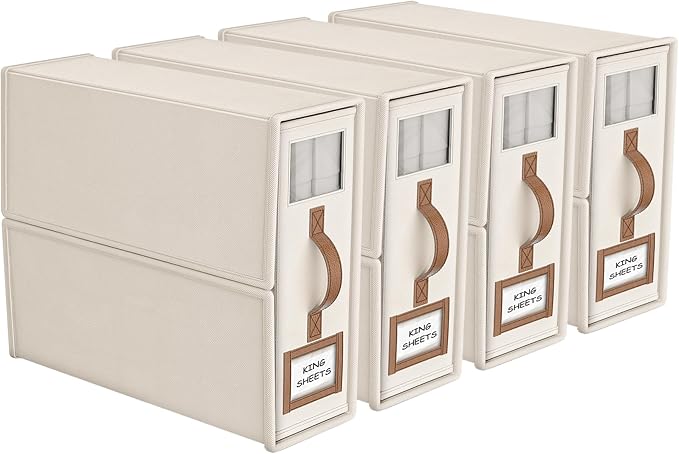 4 Pack Foldable Bed Sheets Set Organizers and Storage(King & Queen Size),Linen Fabric Closet Organizers with Window,Folding Bedding Storage Box for Bedsheets and Pillow Cube Organizer-Beige