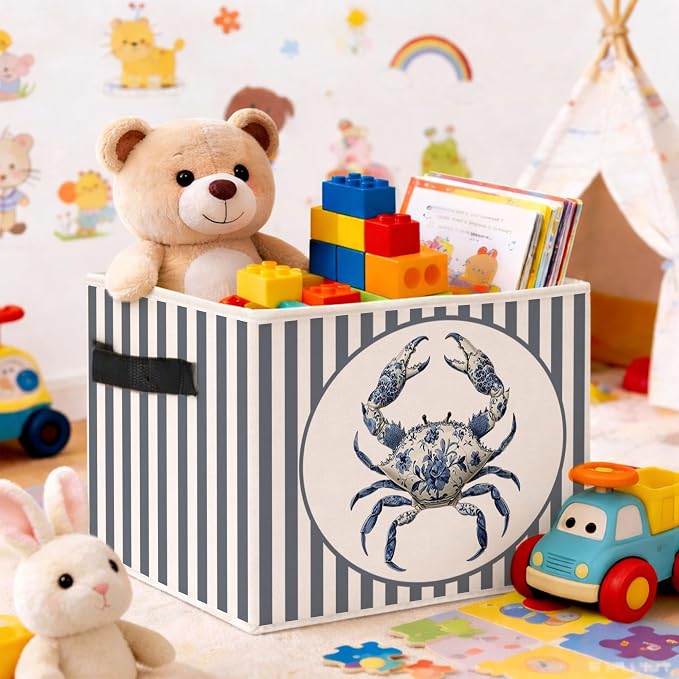 Crab Storage Bin, Foldable Fabric Basket for Kids Room Bathroom | Foldable fabric storage bin with coastal crab design for toys, books, clothes, nursery, bathroom, and playroom use.