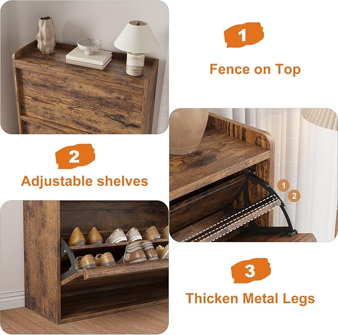 GarveeHome Shoe Cabinet with 3 Flip Drawers, Wooden Shoe Organizer Cabinet with Adjustable Shelf, Shoe Storage for Entryway, Hidden Shoe Cabinet for Hallway, Living Room, Rustic Brown