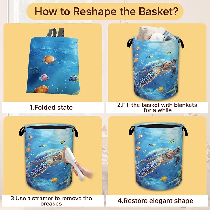 Laundry Hamper Foldable with Handles,Sea Turtle Oxford Cloth Basket,Fish Coral Colorful Large Capacity Storage Organizer for Bedroom Bathroom Dorm Room