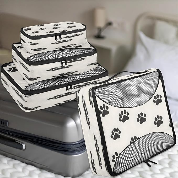 Packing Cubes for Travel, Dog Pet Paw Print Travel Luggage Packing Organizers for Women Men, Large Custom Toiletries Bag for Clothes Shoes, Cat Pet Paw