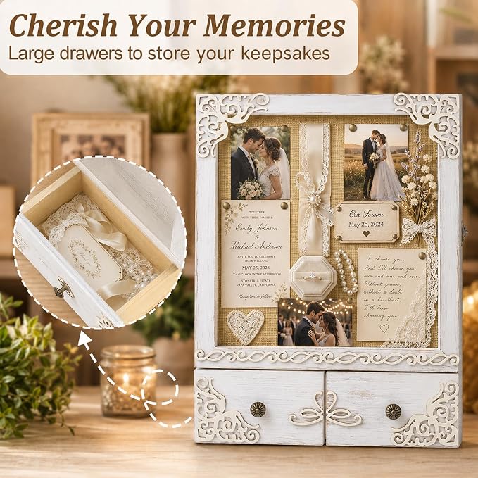 11x16 Wedding Shadow Box Frame with Shelves, White