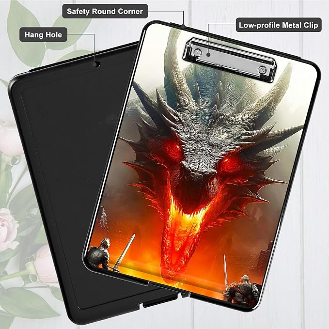 Heavy Duty Storage Clipboard, Slim Nursing Clipboard with Internal Pen Case, Portable File Organizer Case for A4 Letter Size Paper Office Medical Professionals, Grey Flame Dragon
