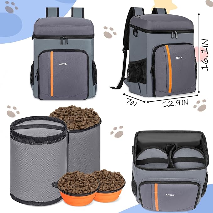 ANILD Dog Travel Bag Backpack, Flight-Ready TSA-Approved Dog Travel Bag with 2 Leak-Proof Food Canisters, 2 Foldable Silicone Bowls, Multi-Compartment Organizer for Hiking, Camping, Dog Mom Essentials
