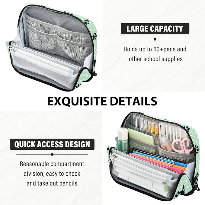Aslsiy Large Capacity Pencil Case Pet Paws White Dots (2) Pencil Pouch for Boys Girls Portable Pen Bag Organizer Standing Makeup Bag for School Office Supplies