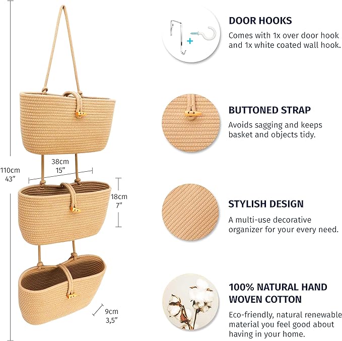 OrganiHaus Over the Door Organizer, Woven Rope Hanging Baskets, 3-Tier | Cotton Wall Storage Basket For Nursery Decor, Entryway, Bathroom, Playroom Or Dorm, Mounts On Door Or Wall, Honey