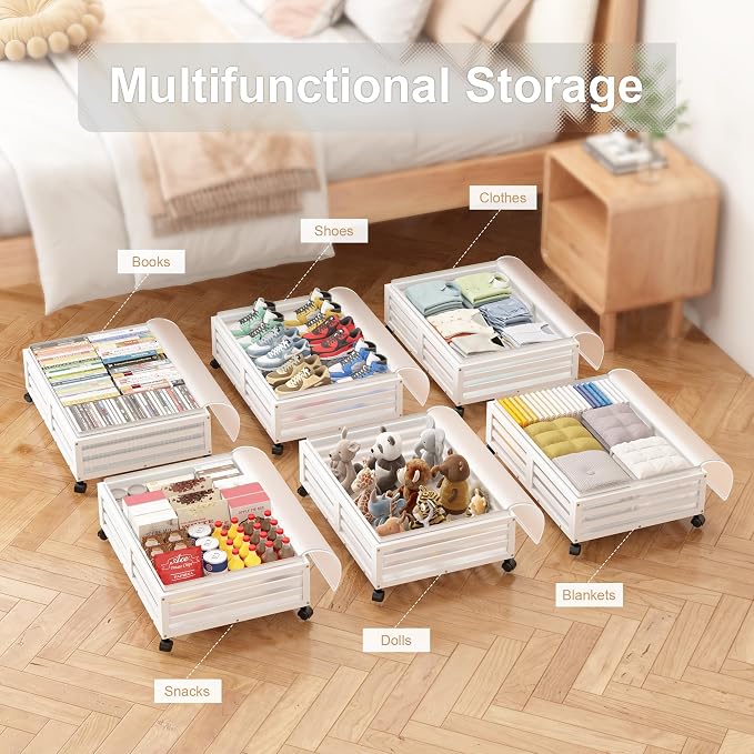 Under Bed Storage with Wheels, 2 Pack Bamboo Drawers for Shoes and Clothes | Fitted dustproof bags, stackable design, smooth pullout access for bedding, blankets, toys and seasonal essentials