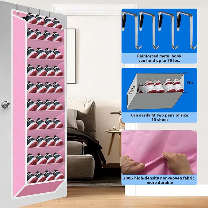 10 Tiers Shoe Organizer for Closet, 20 to 30 Pairs Shoe Rack Door | Extra Deep Pockets Over the Door Shoe Organizer for Dorm and Back Door, Heavy Duty Anti-Scrath Hanging Hooks Shoe Storage