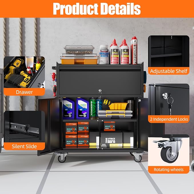 Metal Garage Storage Cabinet with Wheels, Rolling Tool Cabinet with Adjustable Shelf, 1 Drawer and 2 Doors for Tools, Garage,Workshop, Black, Assembly Required