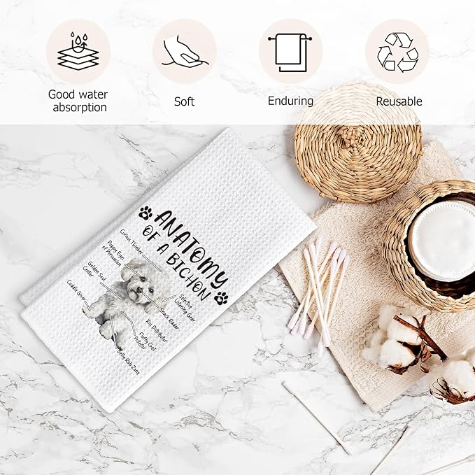 Funny Bichon Dog Kitchen Towels, Bichon Frise Gifts for Women, Men's Dog Anatomy Tea Towel for Home, Kitchen, Bathroom